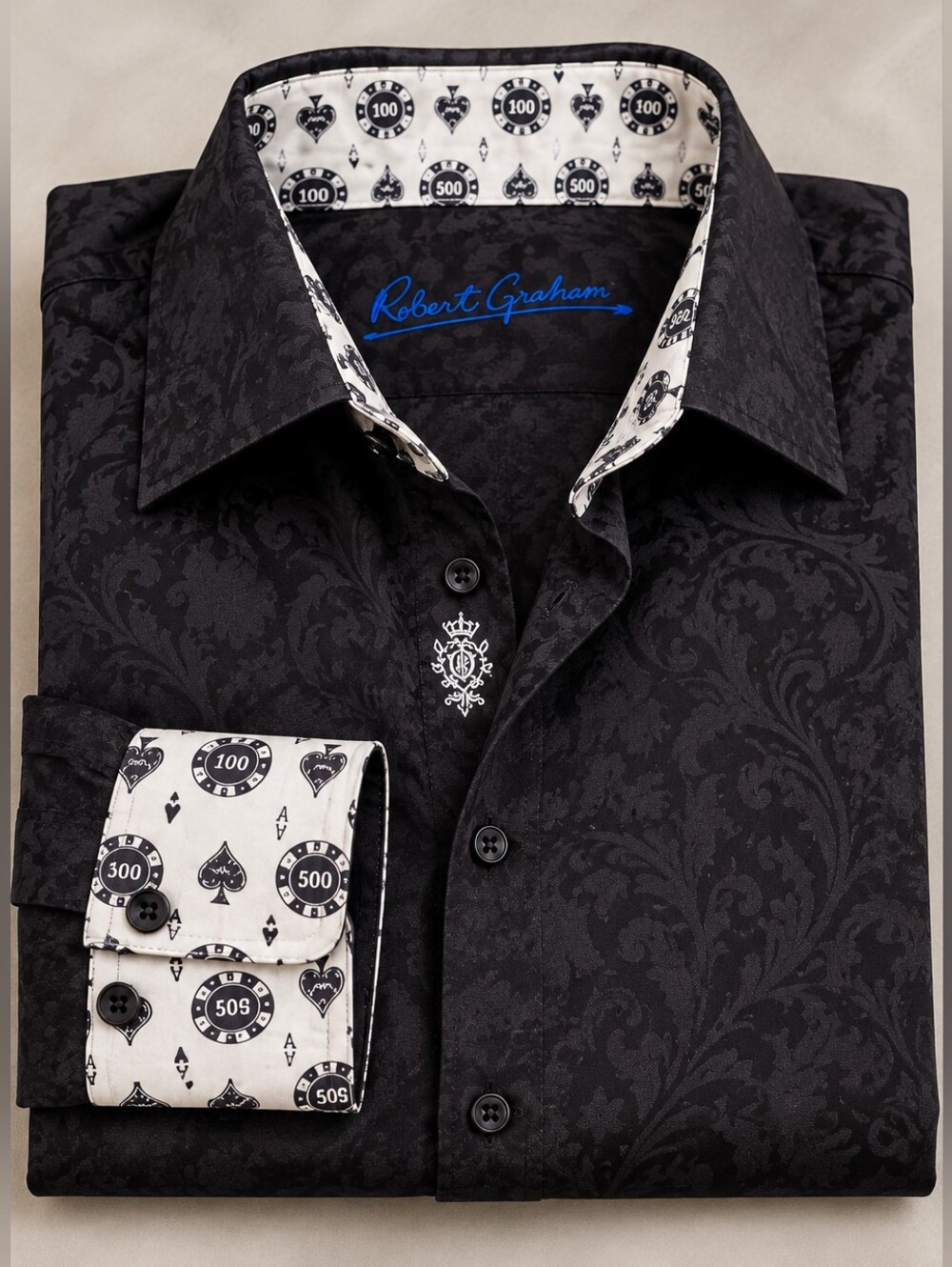 Robert Graham Black Jacquard Dress Shirt XXL 100% Cotton Casino Print Cuffs
